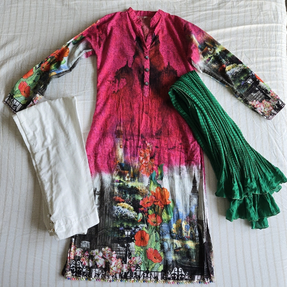 3 Piece Womens Sz XS Indian Pakistani Kurta Salwar Dupatta Pink White Green